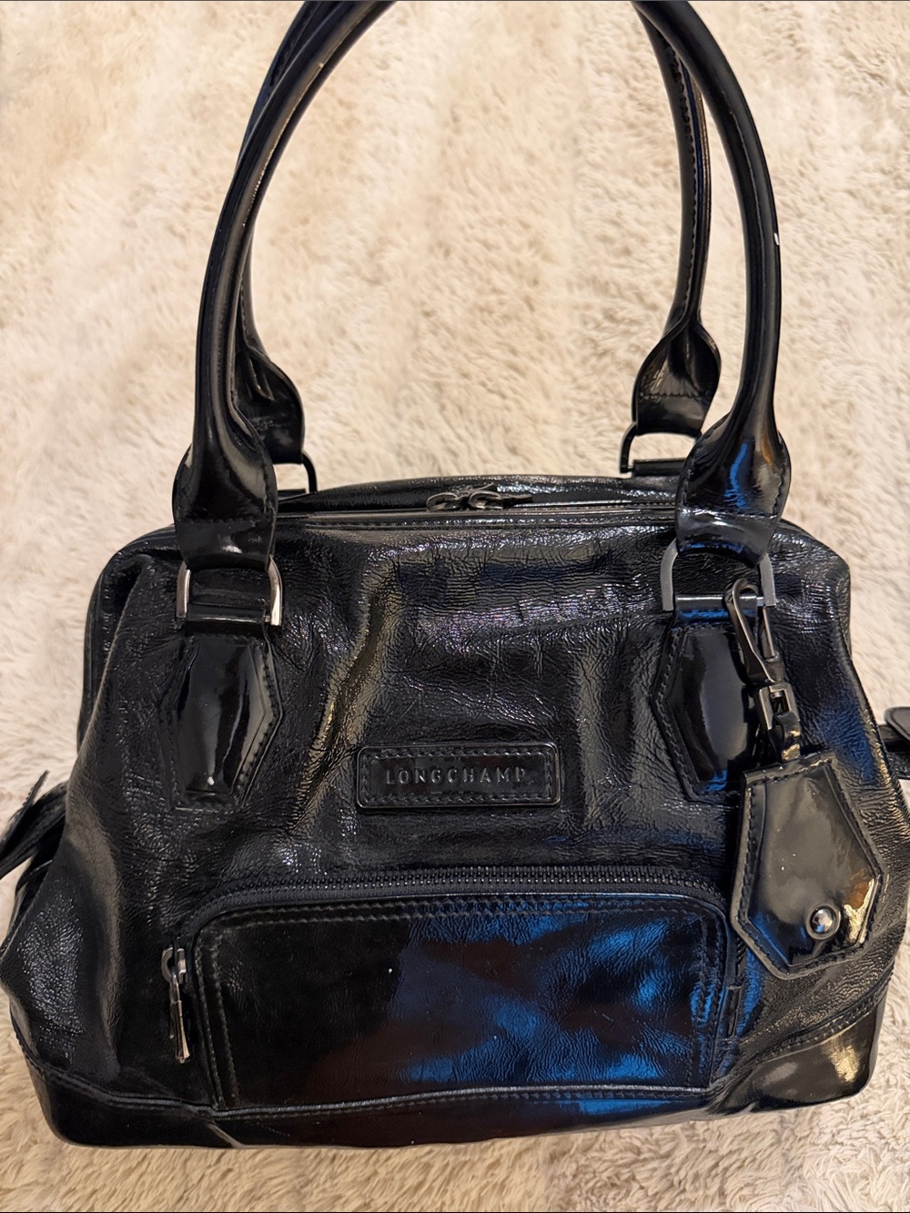 Longchamp Black Glossy Patent Leather Shoulder Bag